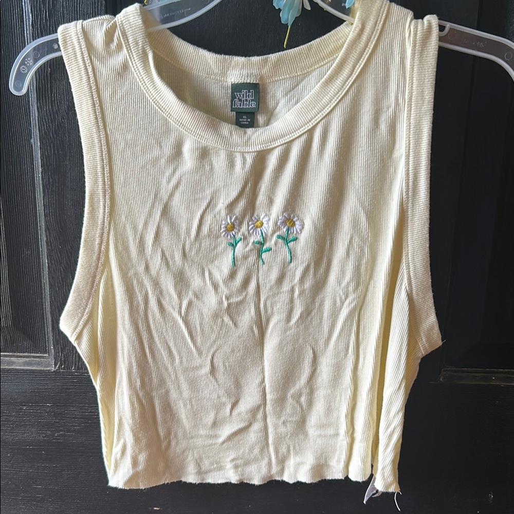 Wild Fable Light Yellow Tank Top with Floral Embroidery